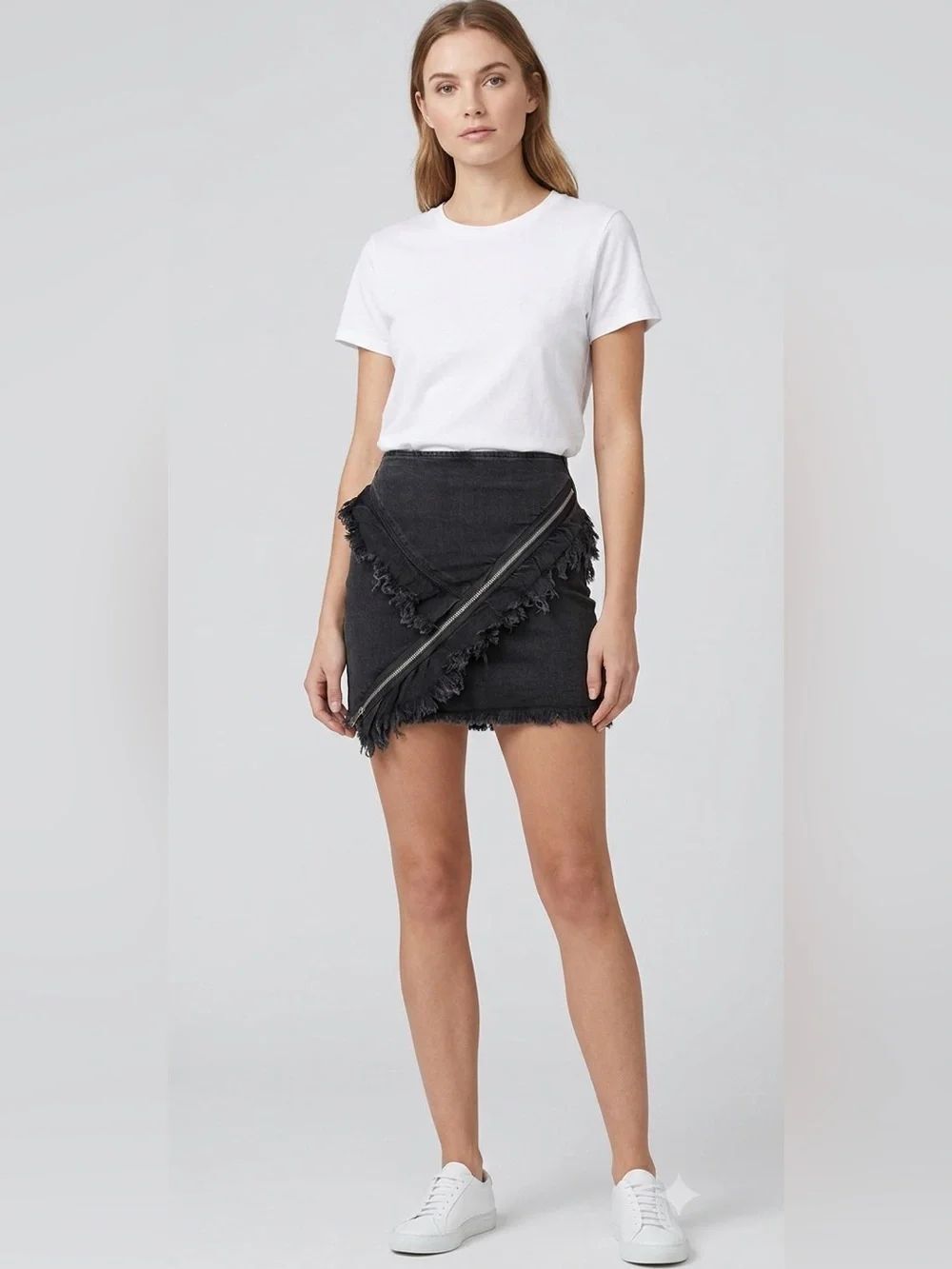 NWT Signature 8 black denim mini skirt , diagonal zipper, raw-edge fringe sz XL